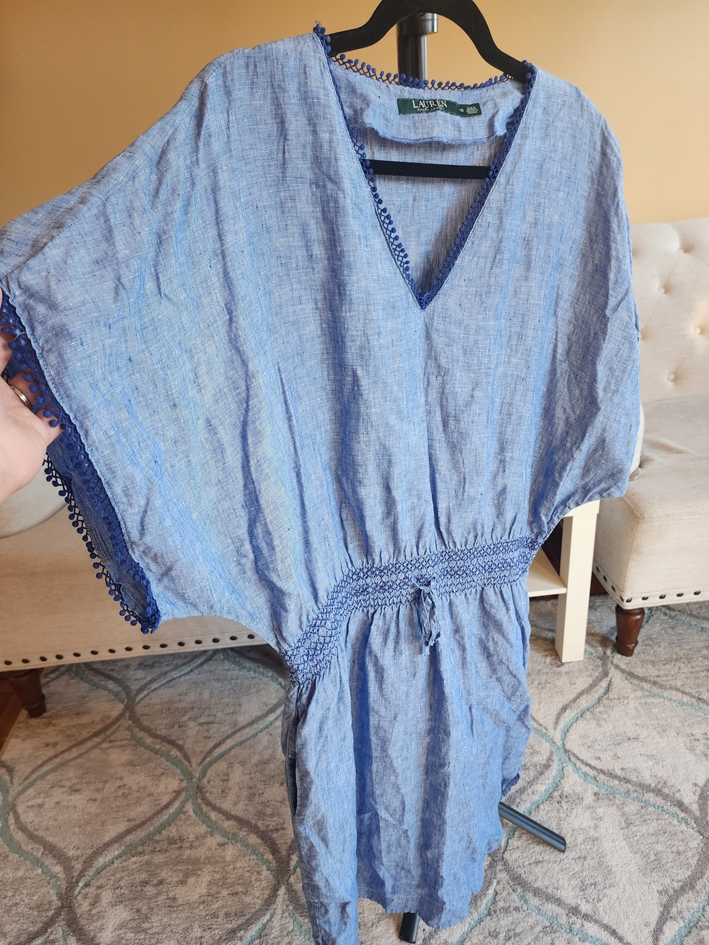 Lauren Ralph Lauren Blue 100% Linen Lace Trim Boho Tunic Top Size 10 w/ Pockets